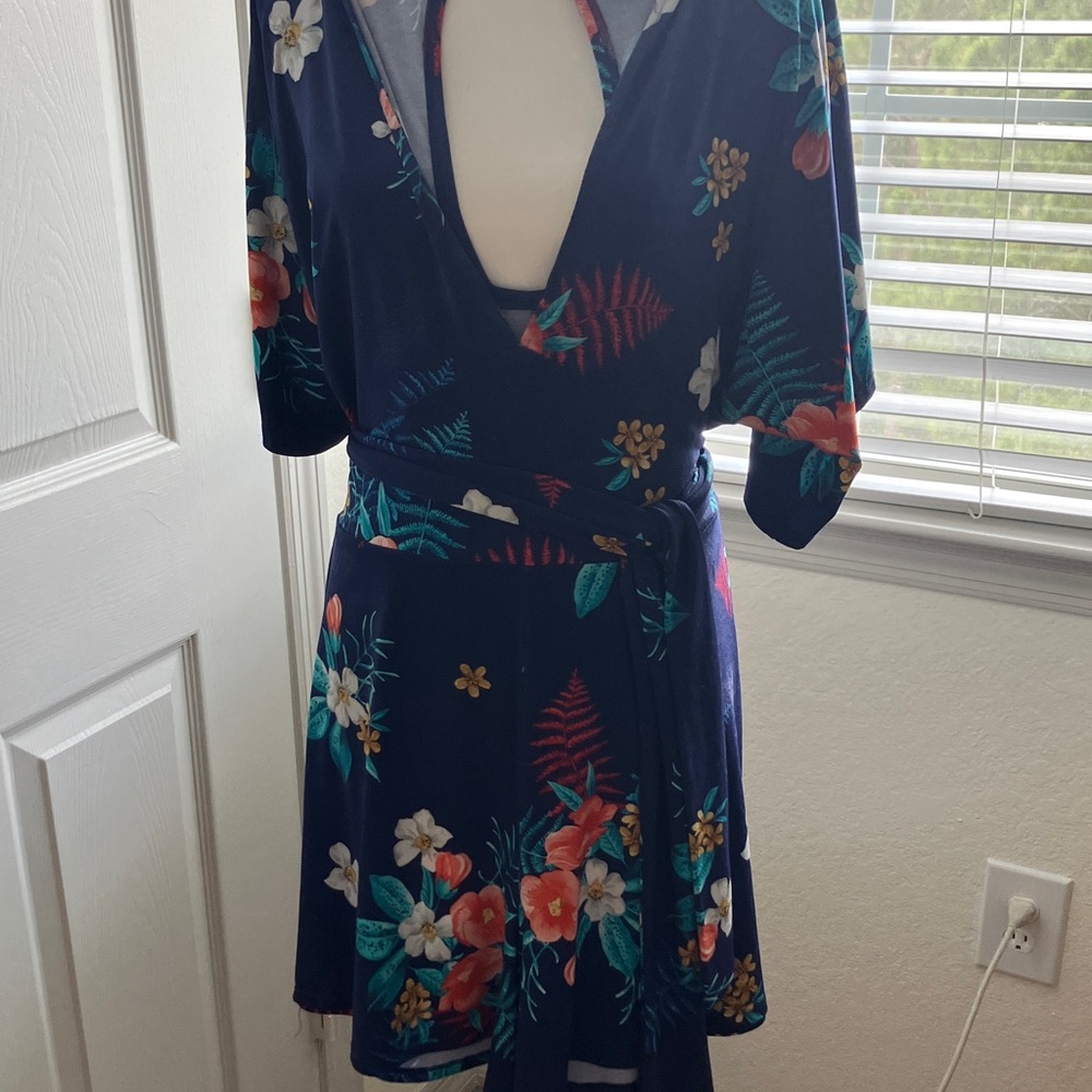 Express Navy Floral Wrap Dress with Teal & Coral Accents
